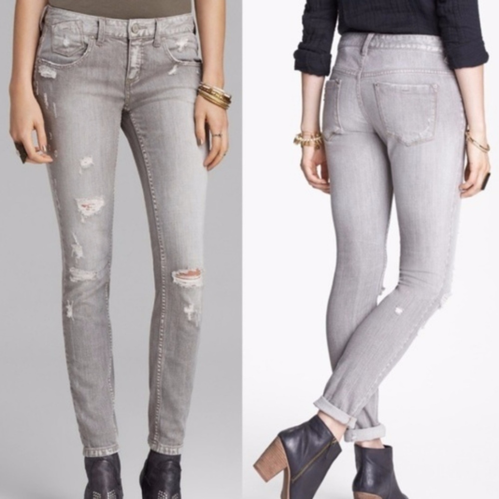 FREE PEOPLE GREY DISTRESSED DENIM JEANS